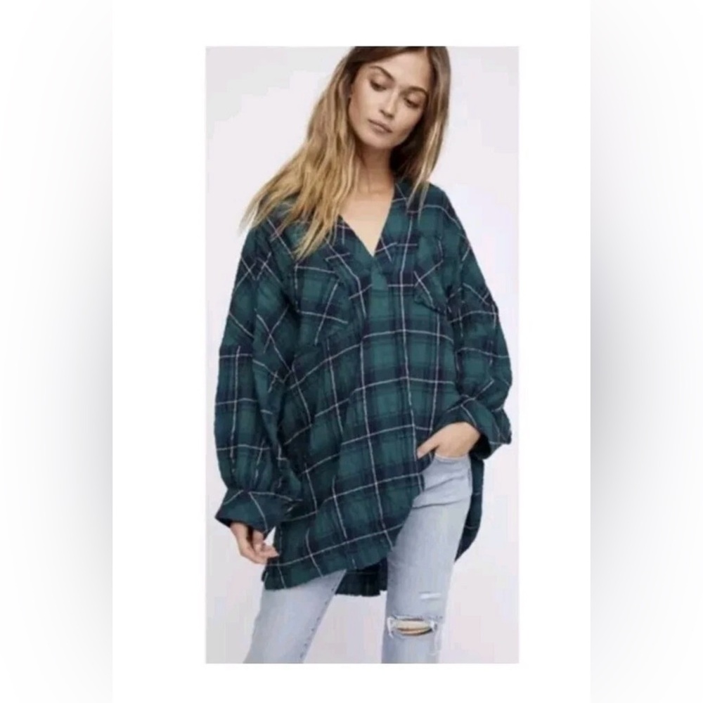 Free People Intimately Not Your Boyfriend’s Plaid Oversized Top~Green/Blue ~ XS - Picture 4 of 16